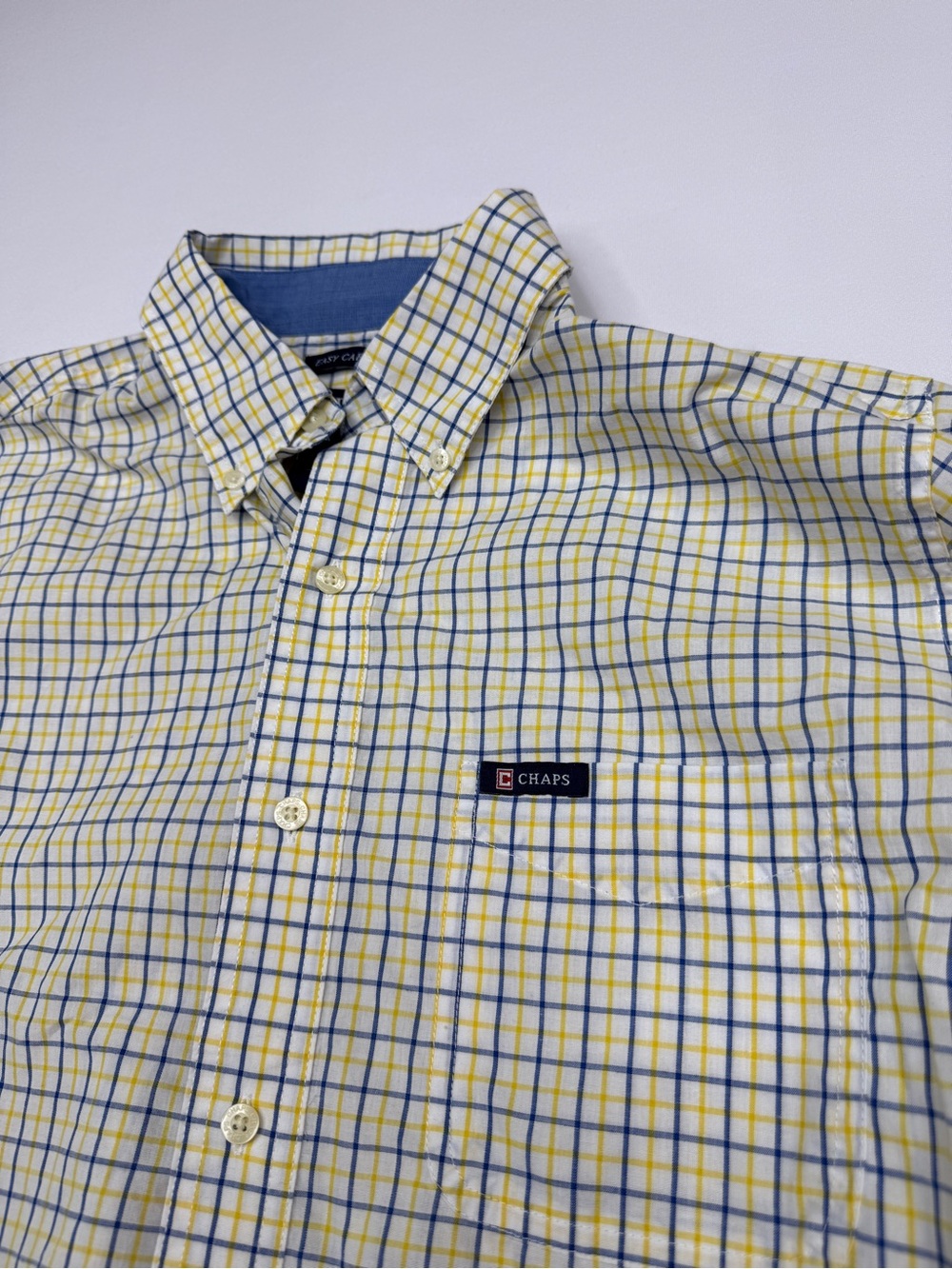 Chaps Men’s Size Medium Plaid Easy Care Button Down Shirt Yellow Blue White